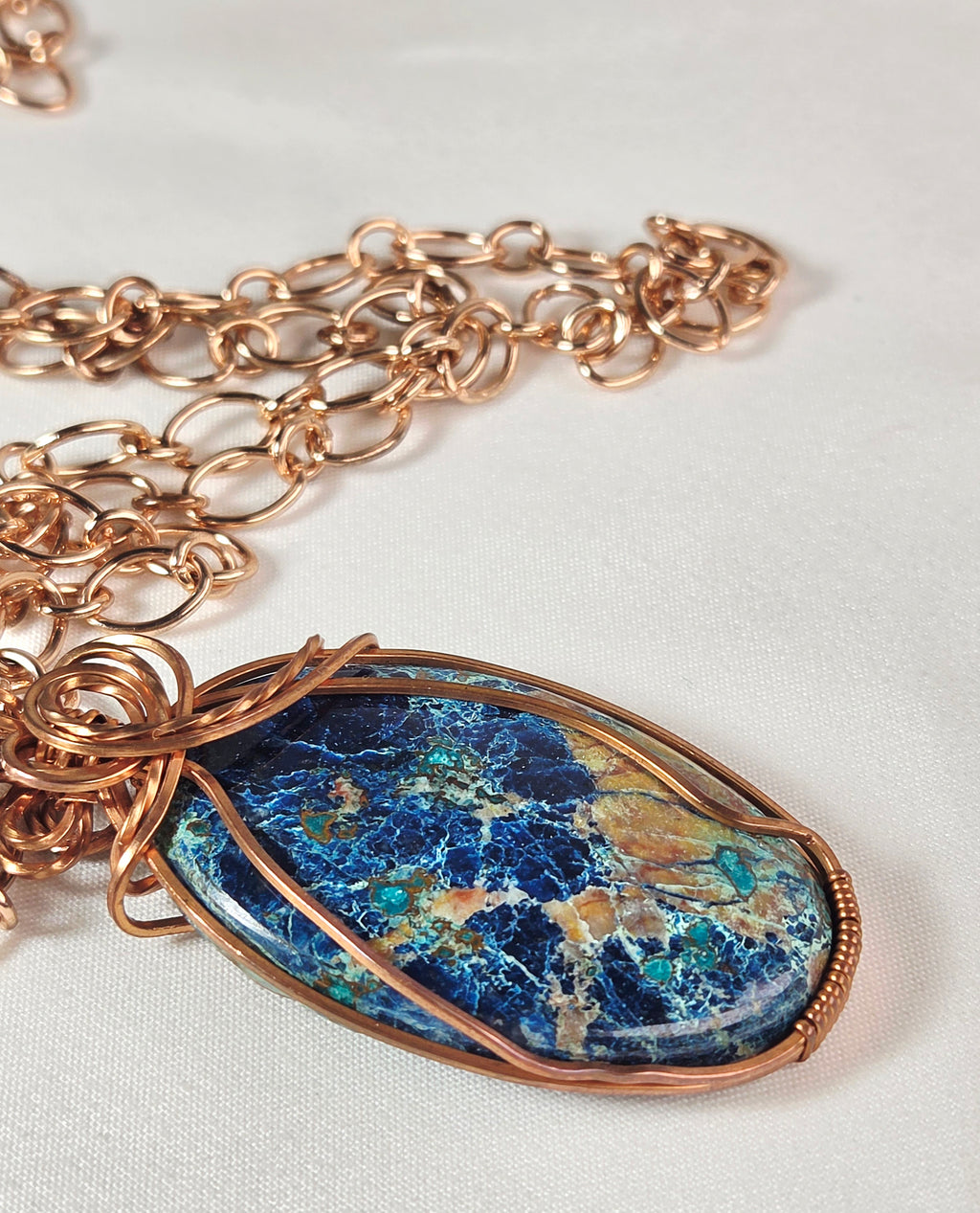 Shattuckite Azurite Stone Wire-Wrapped Pendant Necklace – Copper-Tone Chain – Blue Statement Jewelry