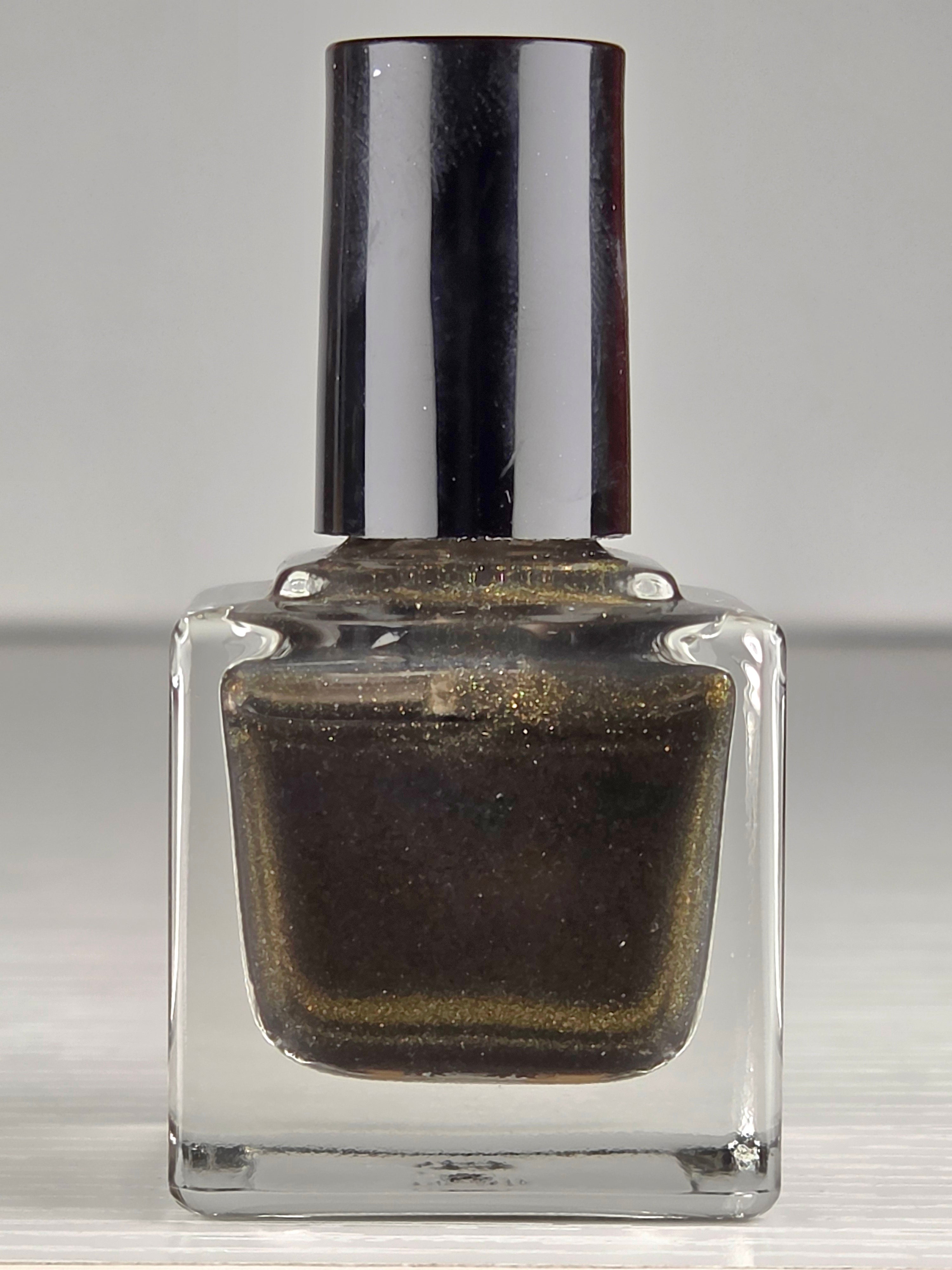 Liquid Krystal Co. Gilded Raven Prototype Nail Lacquer | Black Crelly with Antique Gold Shimmer | One-of-a-Kind Handmade Indie Polish