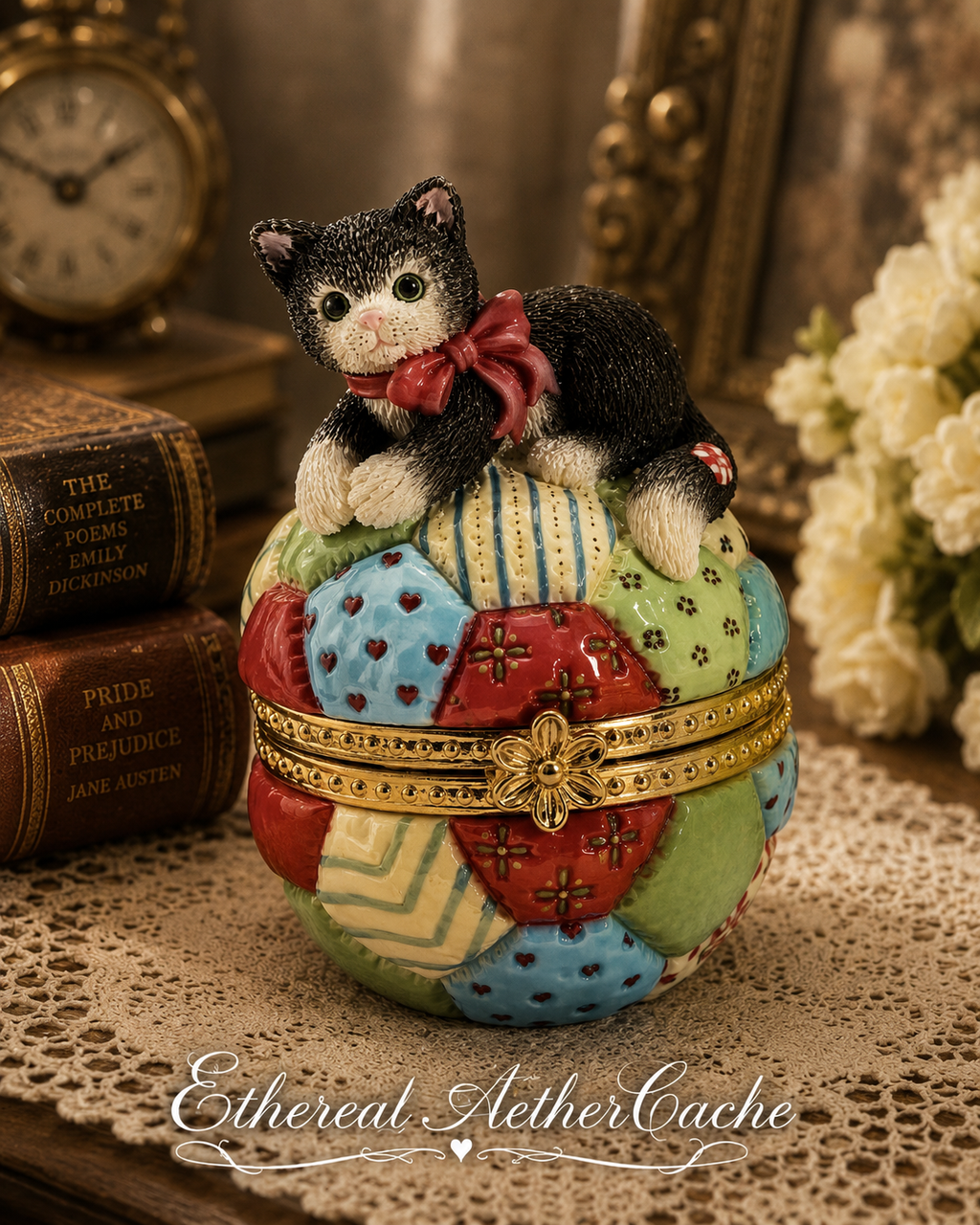 1997 Priscilla Hillman Patchwork Kitten Trinket Box Enesco Keepsake Jewelry Box