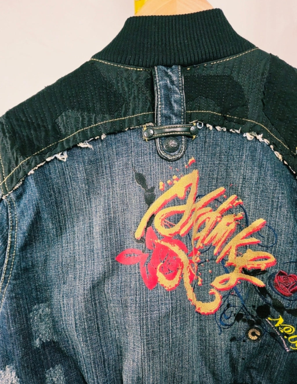 Y2K Akademiks Cropped Denim Bomber Jacket – Embroidered Buckle Detail Zip-Up