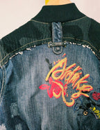 Y2K Akademiks Cropped Denim Bomber Jacket – Embroidered Buckle Detail Zip-Up