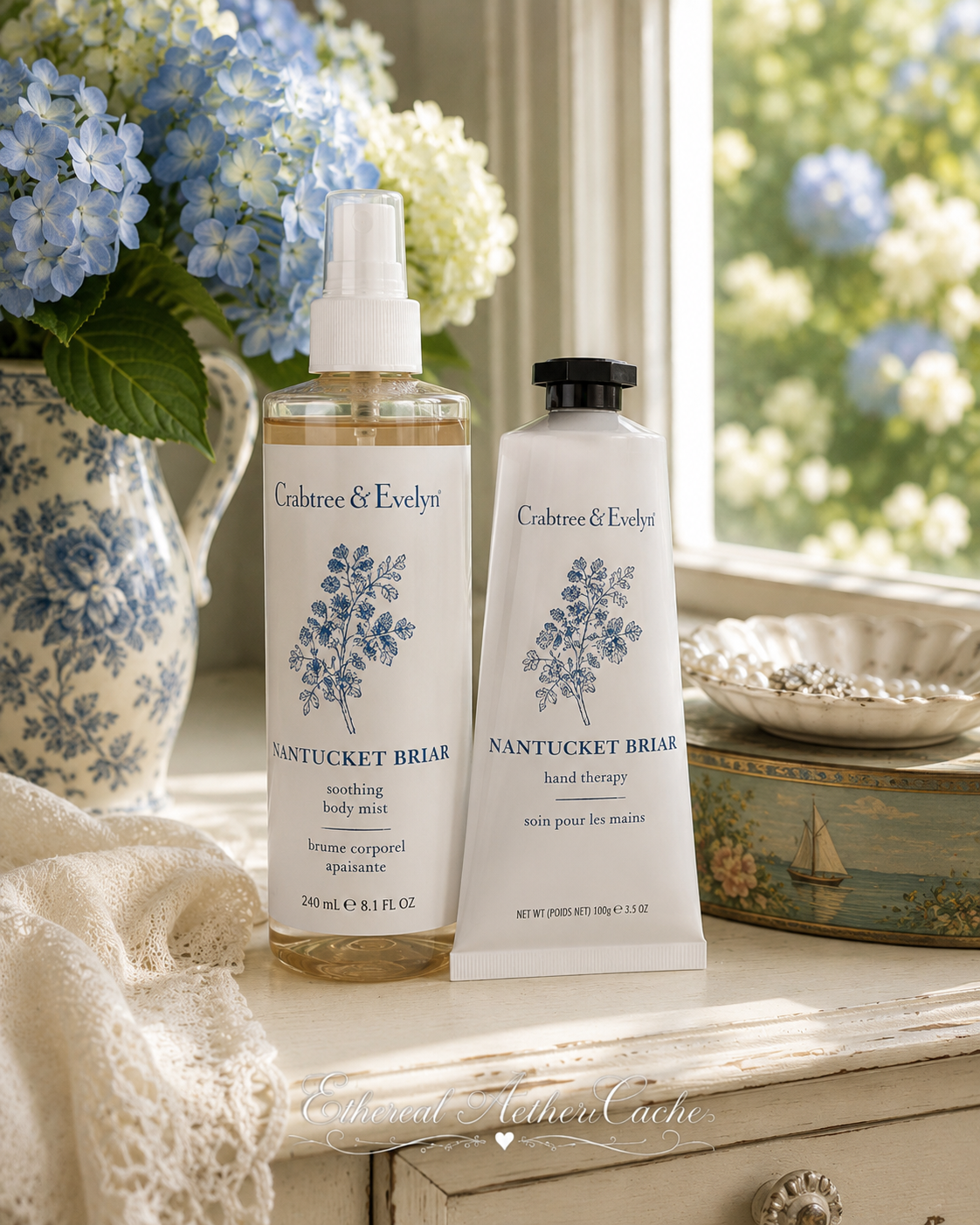 Crabtree & Evelyn Nantucket Briar Soothing Body Mist 8.1 oz & Hand Therapy 3.5 oz Rare Discontinued Collectible Set