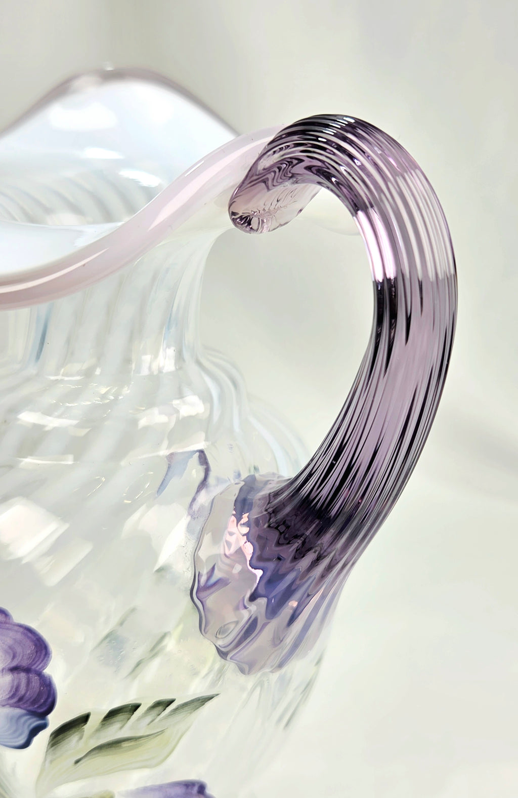 Fenton Hand Blown Hand Painted Lavender Floral Art Glass Pitcher Vase USA Signed Vintage