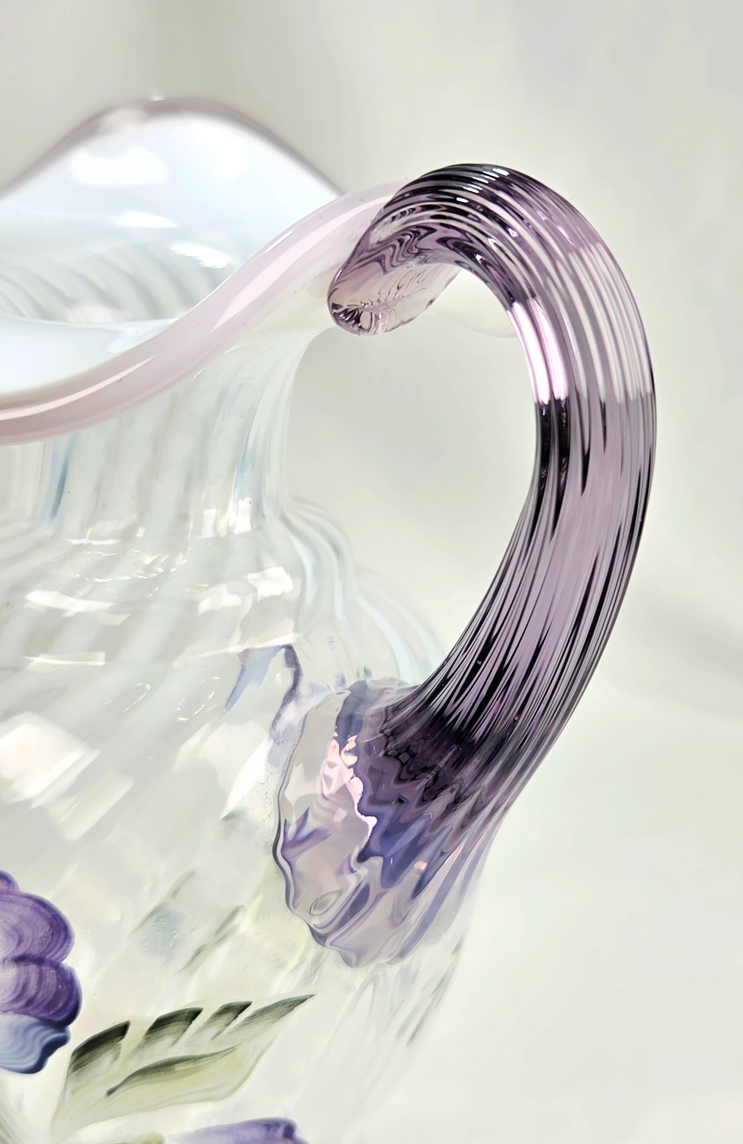 Fenton Hand Blown Hand Painted Lavender Floral Art Glass Pitcher Vase USA Signed Vintage
