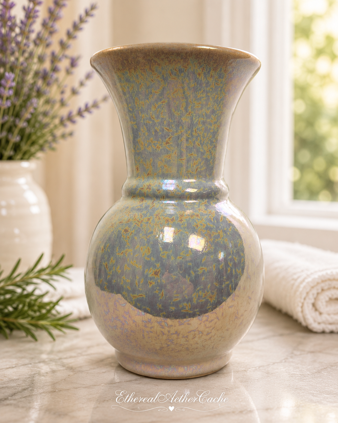 Studio Pottery Iridescent Crackle Luster Art Vase 8.5" Hand Thrown Ceramic Home Decor Accent