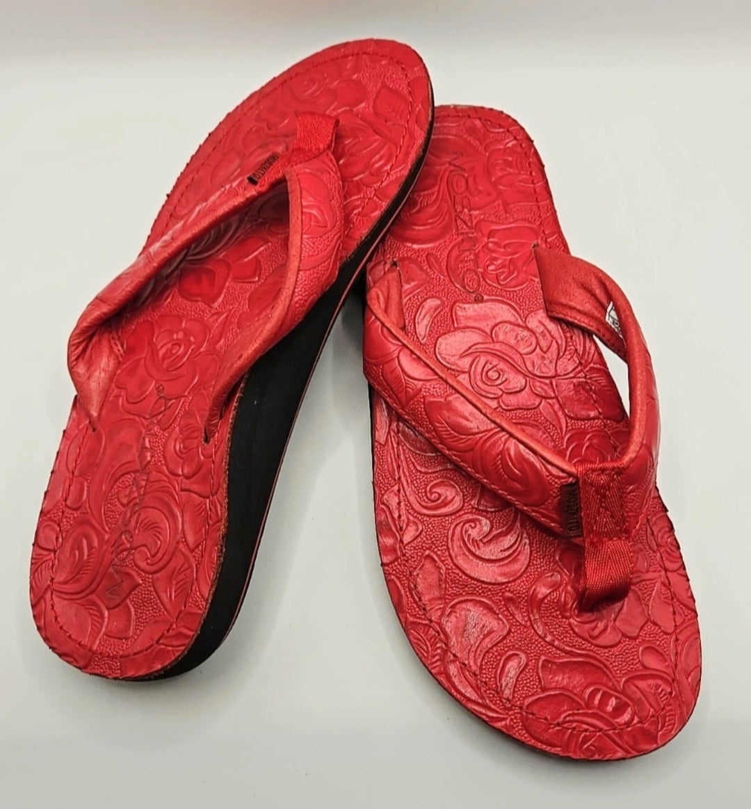Moszkito Red Leather Floral Embossed Wedge Flip Flop Sandals Women’s 8 EU 39