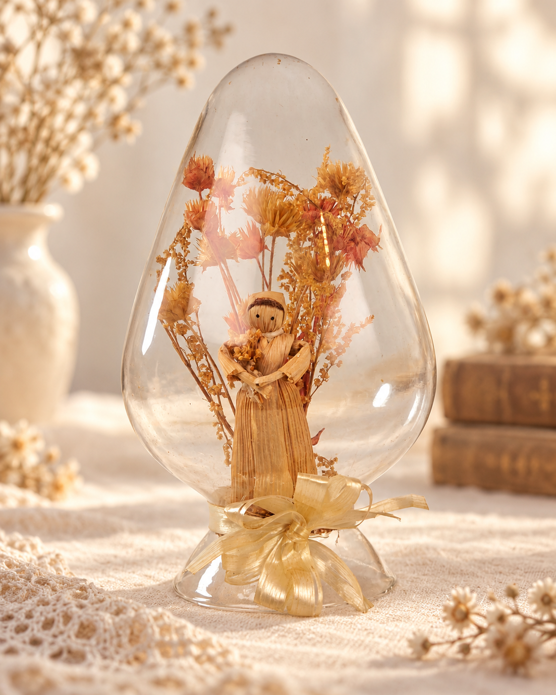 Vintage Taiwan Corn Husk Doll Glass Dome Dried Flower Diorama 6x4 Folk Art Decor