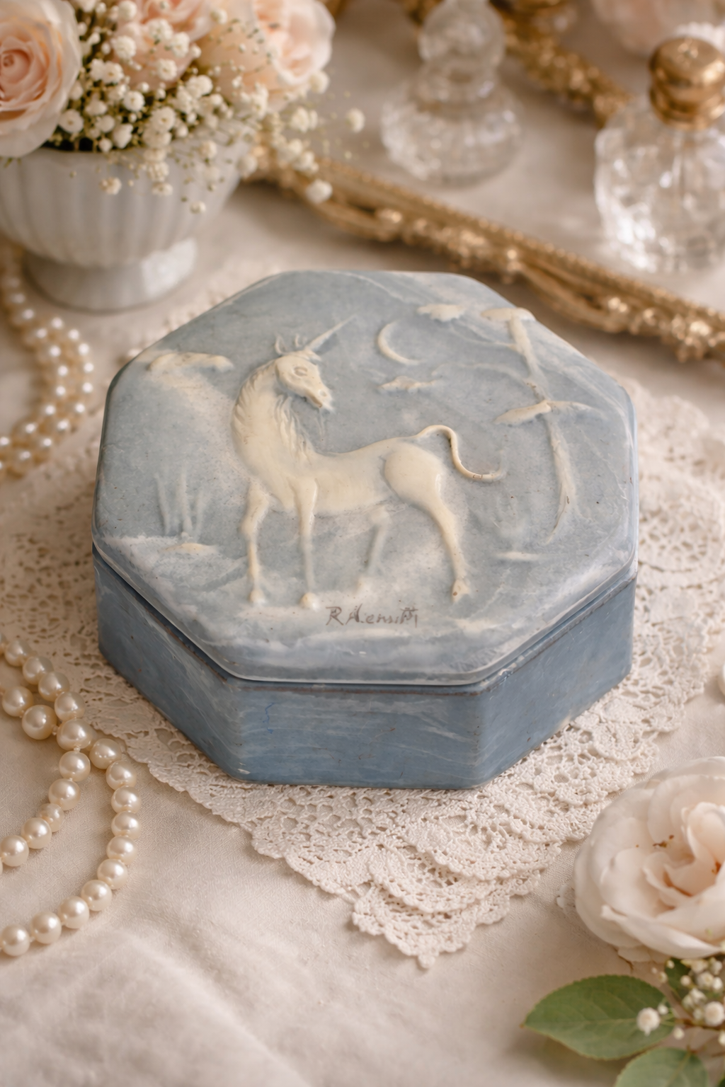 Robert Nemith Vintage Blue Soapstone Unicorn Trinket Box blue hexagon jewelry box