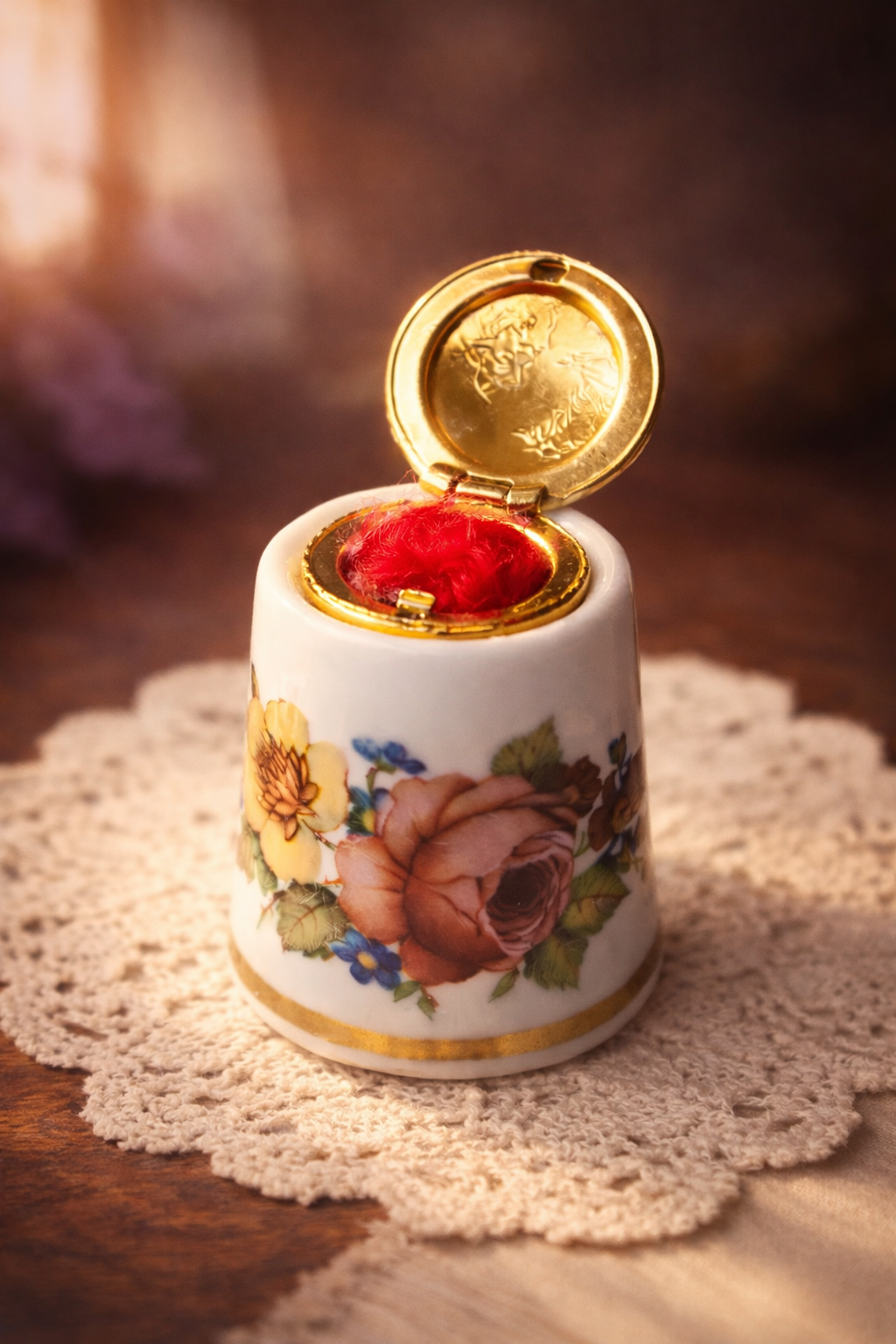 Birchcroft Fine Bone China Floral Thimble w/ Hinged Locket Lid vintage sewing 