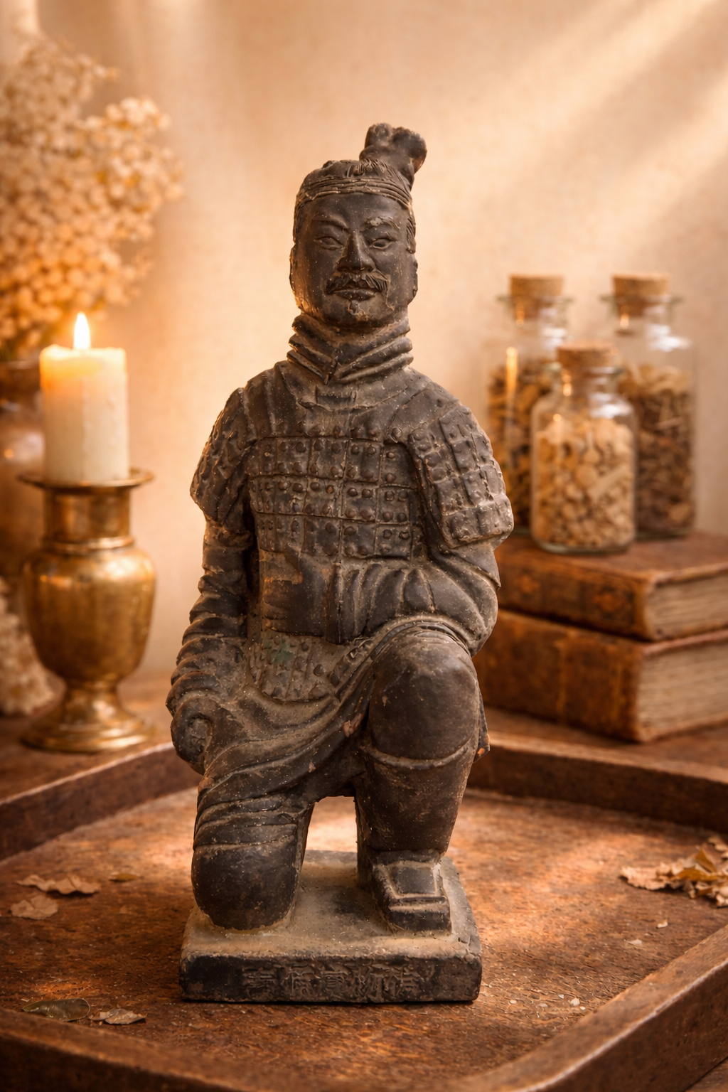 Terracotta 5" Warrior Style Figurine — Kneeling Qin Soldier Statue, Aged Finish Display Piece