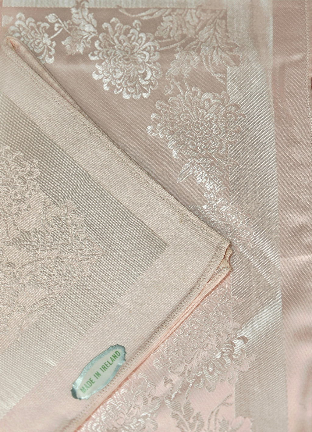 Vintage Liddell’s Irish Floral Damask Pink Egyptian Cotton & Acetate Tablecloth & Napkin Set - Made in Ireland NOS Rare