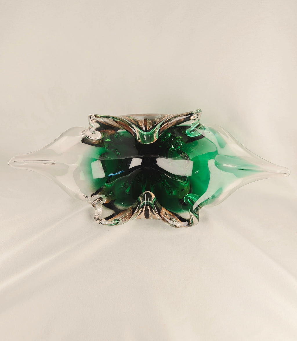 Large Sculptural Sommerso Art Glass Bowl – Emerald Green & Blush 12” Centerpiece