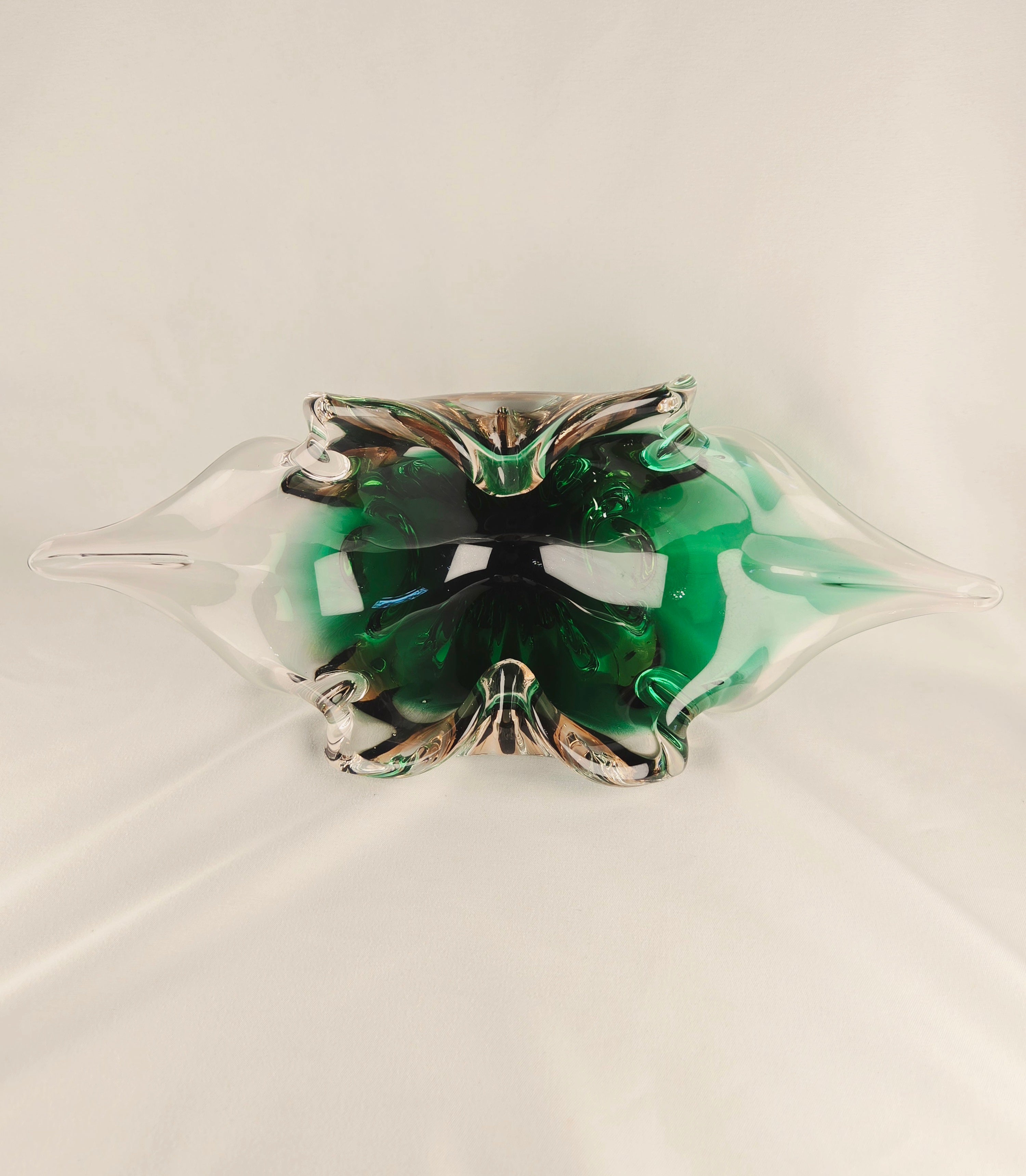 Large Sculptural Sommerso Art Glass Bowl – Emerald Green & Blush 12” Centerpiece