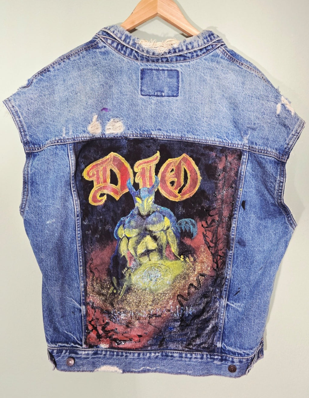 Custom Eddie Munson Tribute Battle Vest American Eagle Hand Painted DIO Inspired Denim Jacket L/G Upcycled One of a Kind