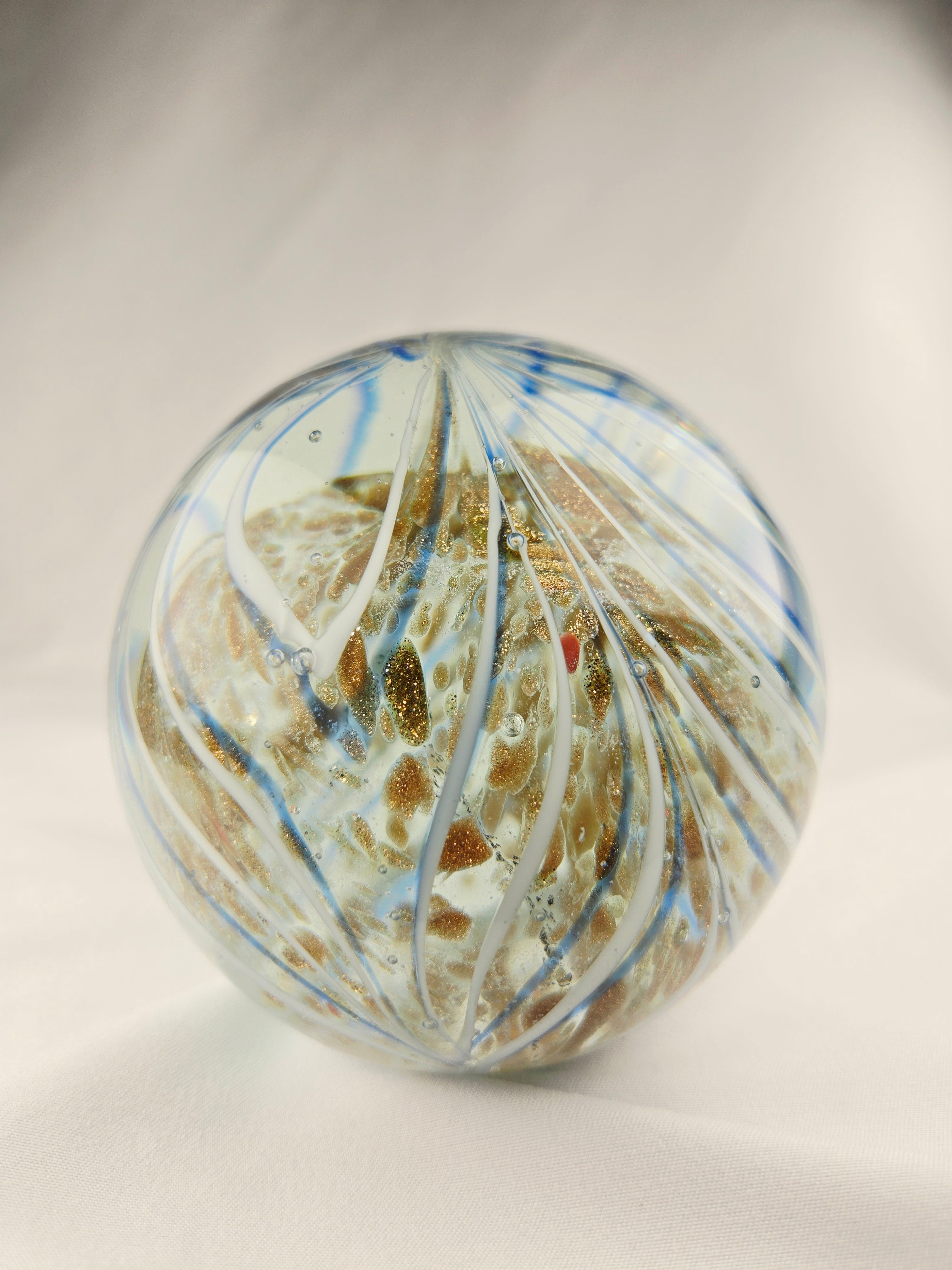 Handblown Art Glass Orb Paperweight — Blue Ribbon Swirl with Gold Fleck Interior