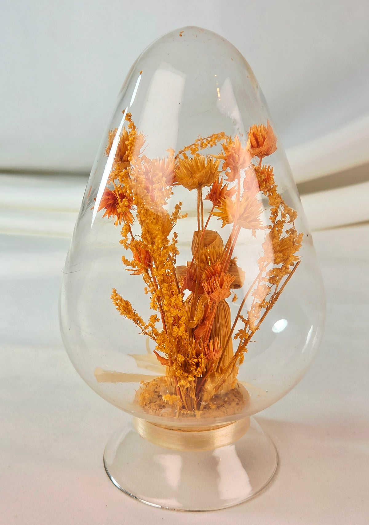 Vintage Taiwan Corn Husk Doll Glass Dome Dried Flower Diorama 6x4 Folk Art Decor