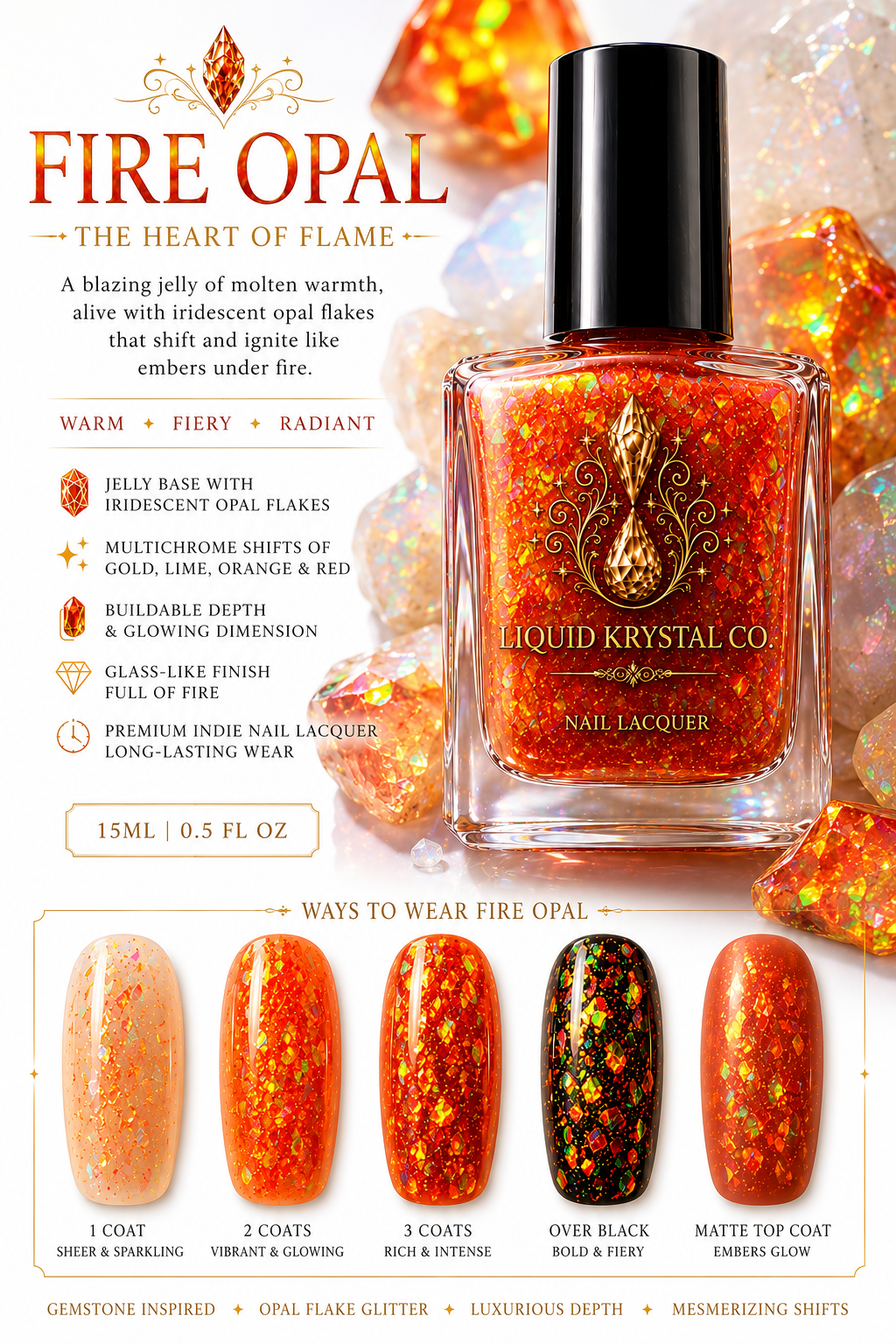 Prototype 2027 – NOT FOR SALE | Opal Trilogy Collection | Fire Opal, Moon Opal & Black Opal Jelly Flake Nail Polish Set | Liquid Krystal Co.