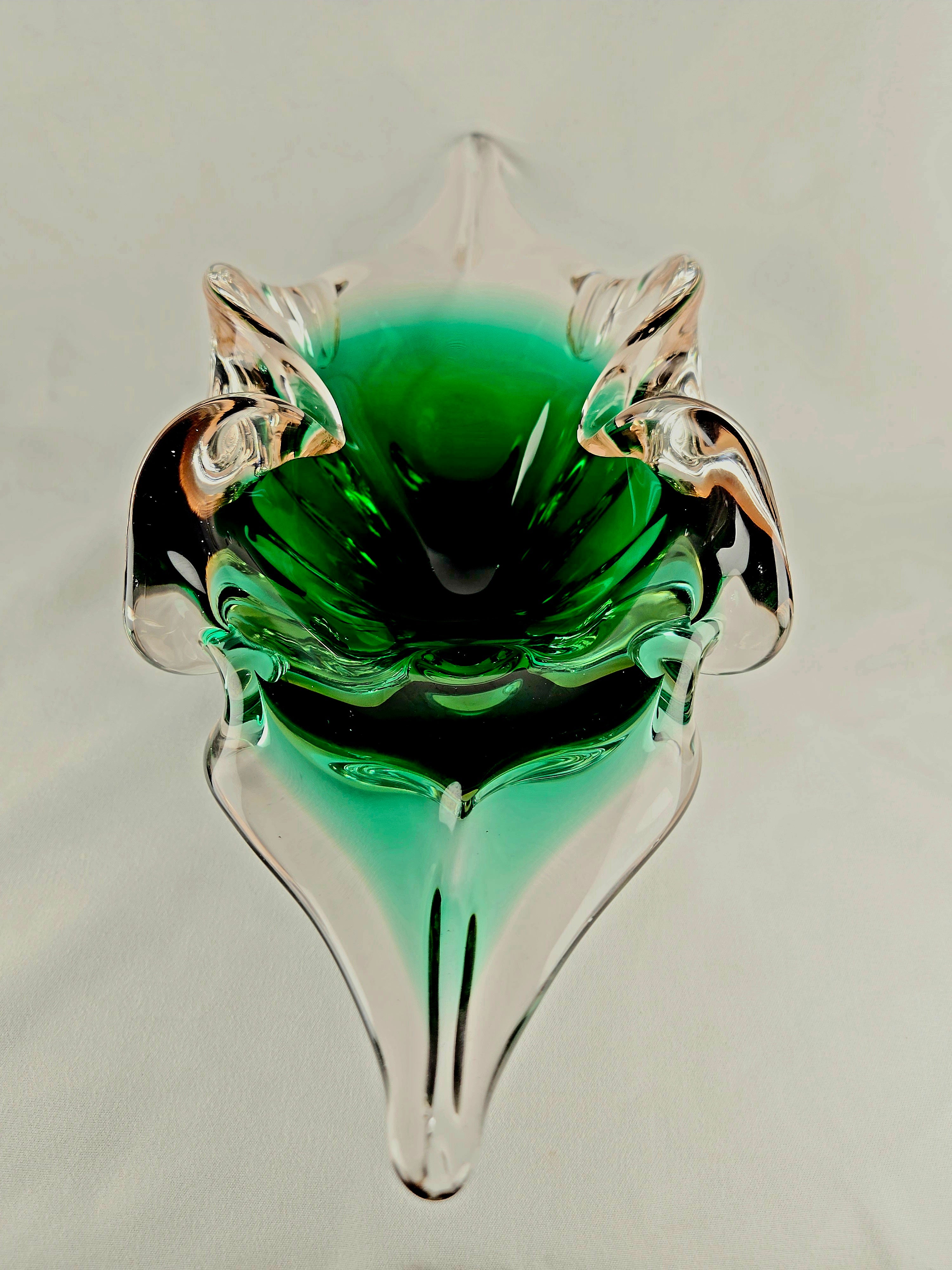 Large Sculptural Sommerso Art Glass Bowl – Emerald Green & Blush 12” Centerpiece