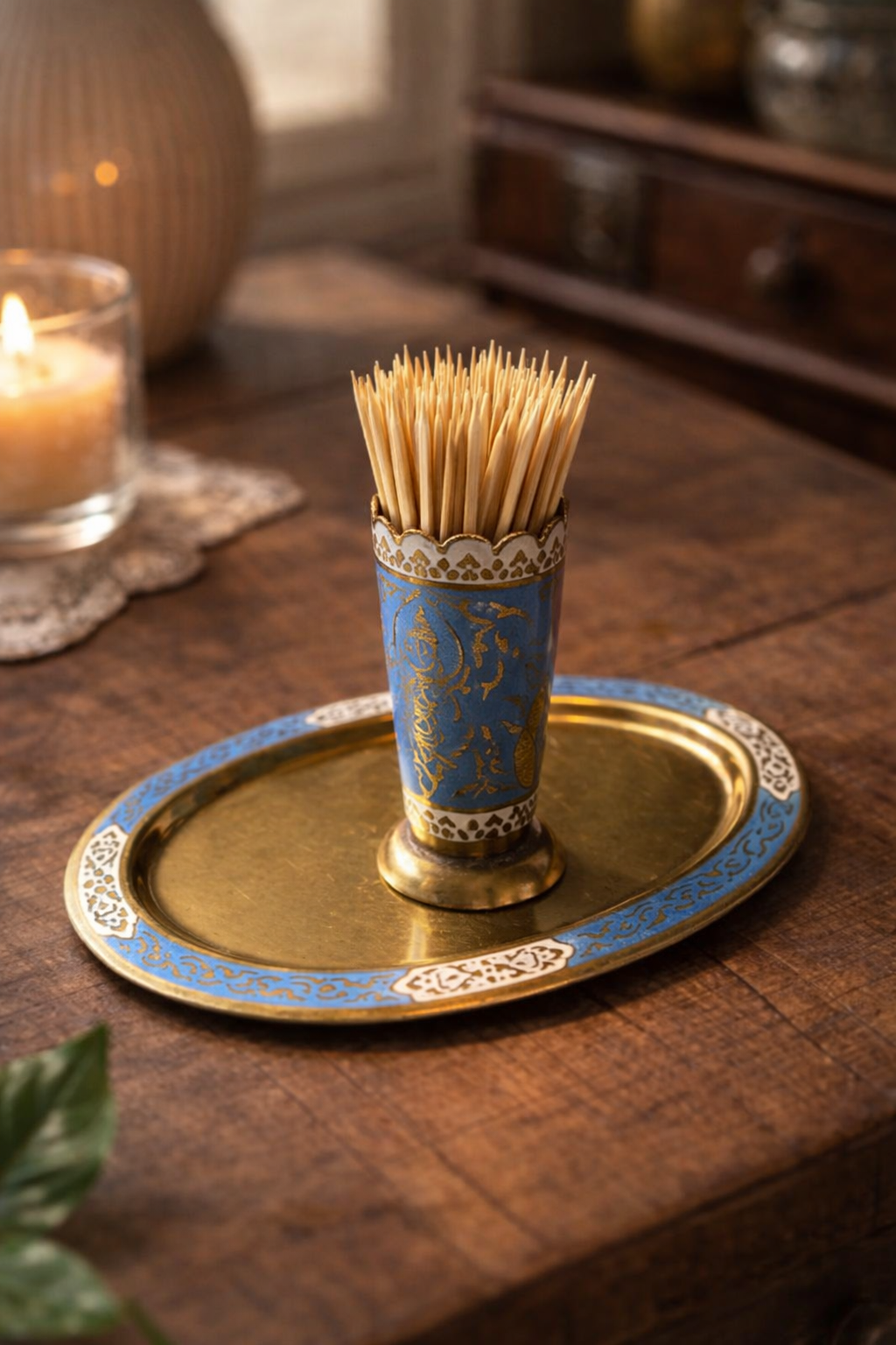 Thialand Blue Enamel & Brass Vintage Condiment Tray with Toothpick Holder – Mid-Century Salt & Pepper Set Base