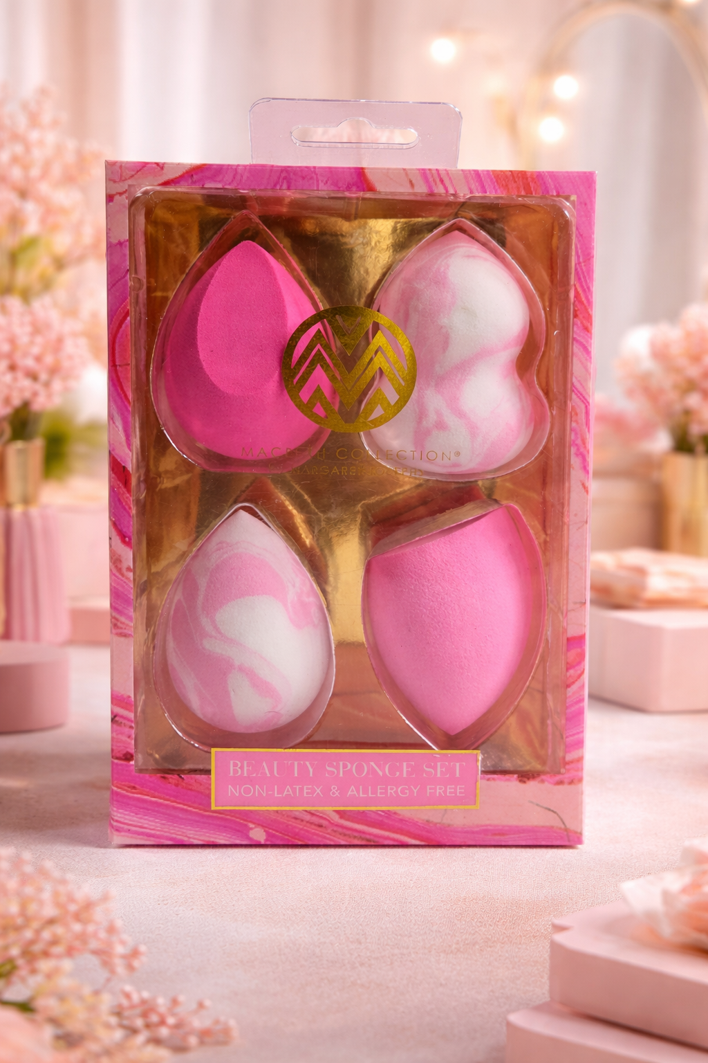 Macbeth Collection Pink Beauty Sponge Set | Non-Latex Makeup Blenders | 4-Piece luxury hypoallerganic beauty cosmetic applicator sponges