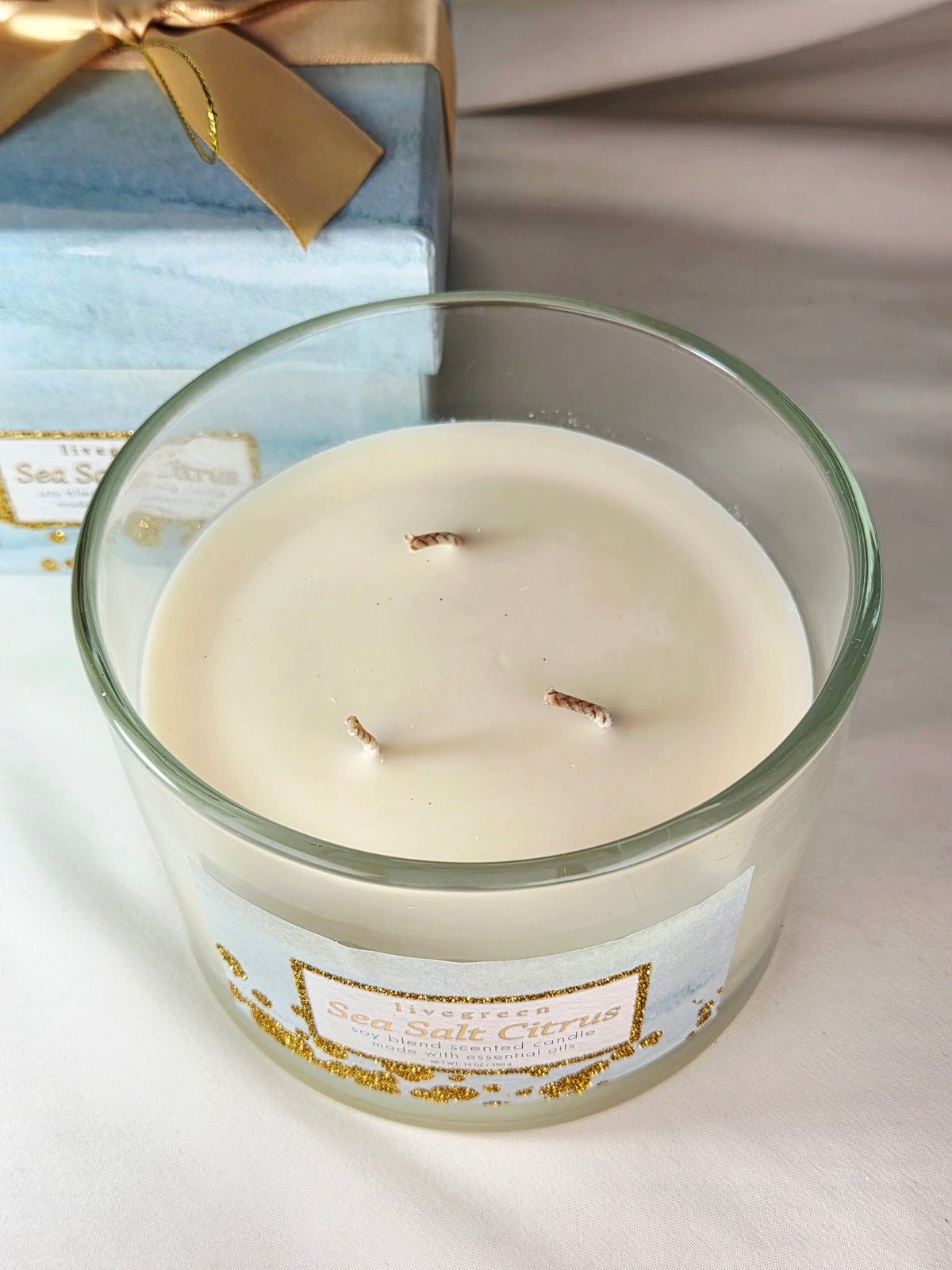 LiveGreen Sea Salt Citrus Soy Blend Candle 14 oz Three Wick Boxed Essential Oils