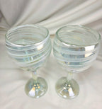Hand Blown Art Glass Wine Goblets – White Iridescent Swirl Pair – 7.5"