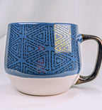 Blue Geometric Threshold Stoneware Coffee Mug Gold Accent Handle Large Cup