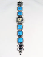 Vintage 1928 Turquoise Style Bracelet Watch Southwestern Beaded Silver Tone