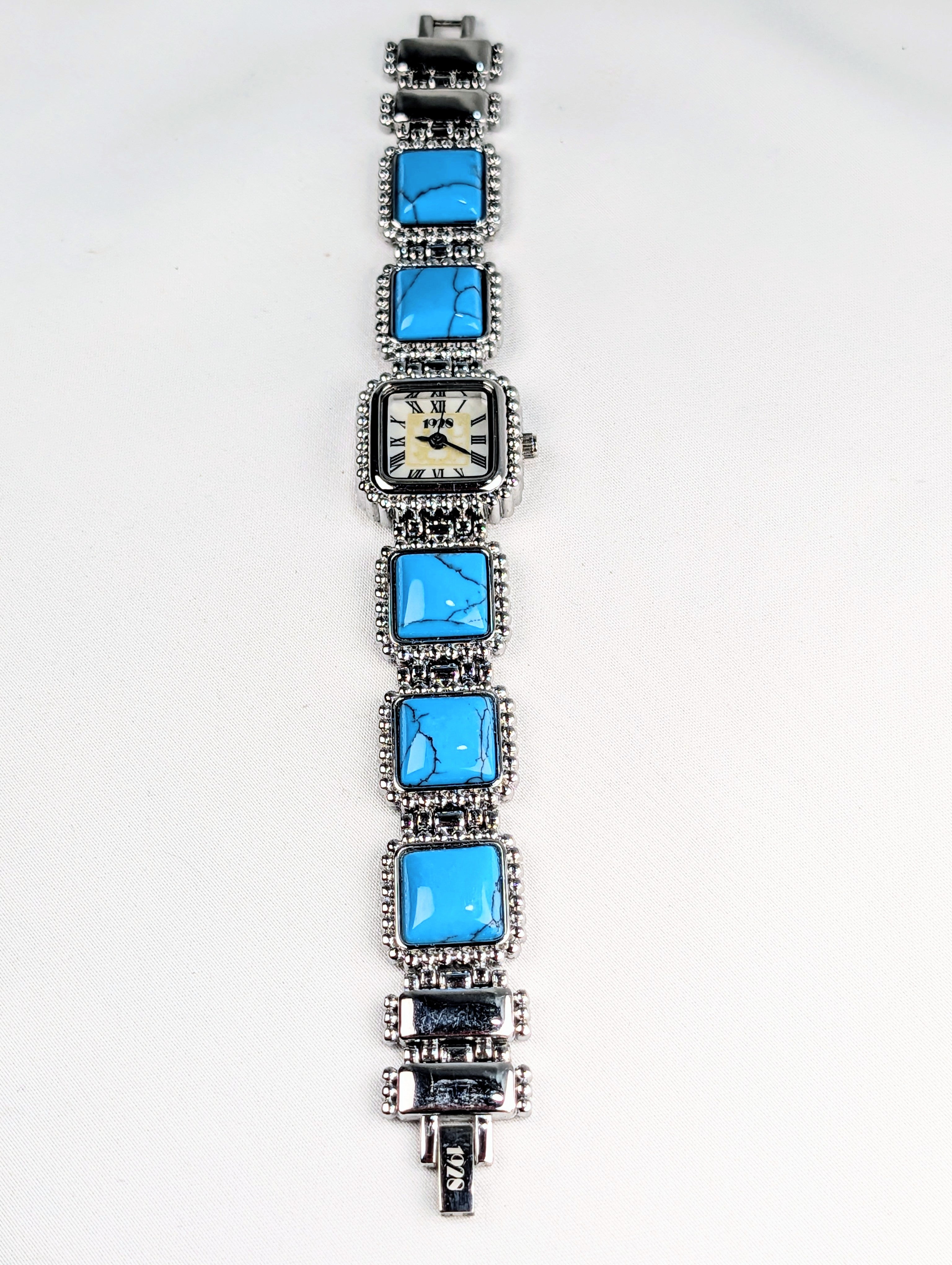 Vintage 1928 Turquoise Style Bracelet Watch Southwestern Beaded Silver Tone
