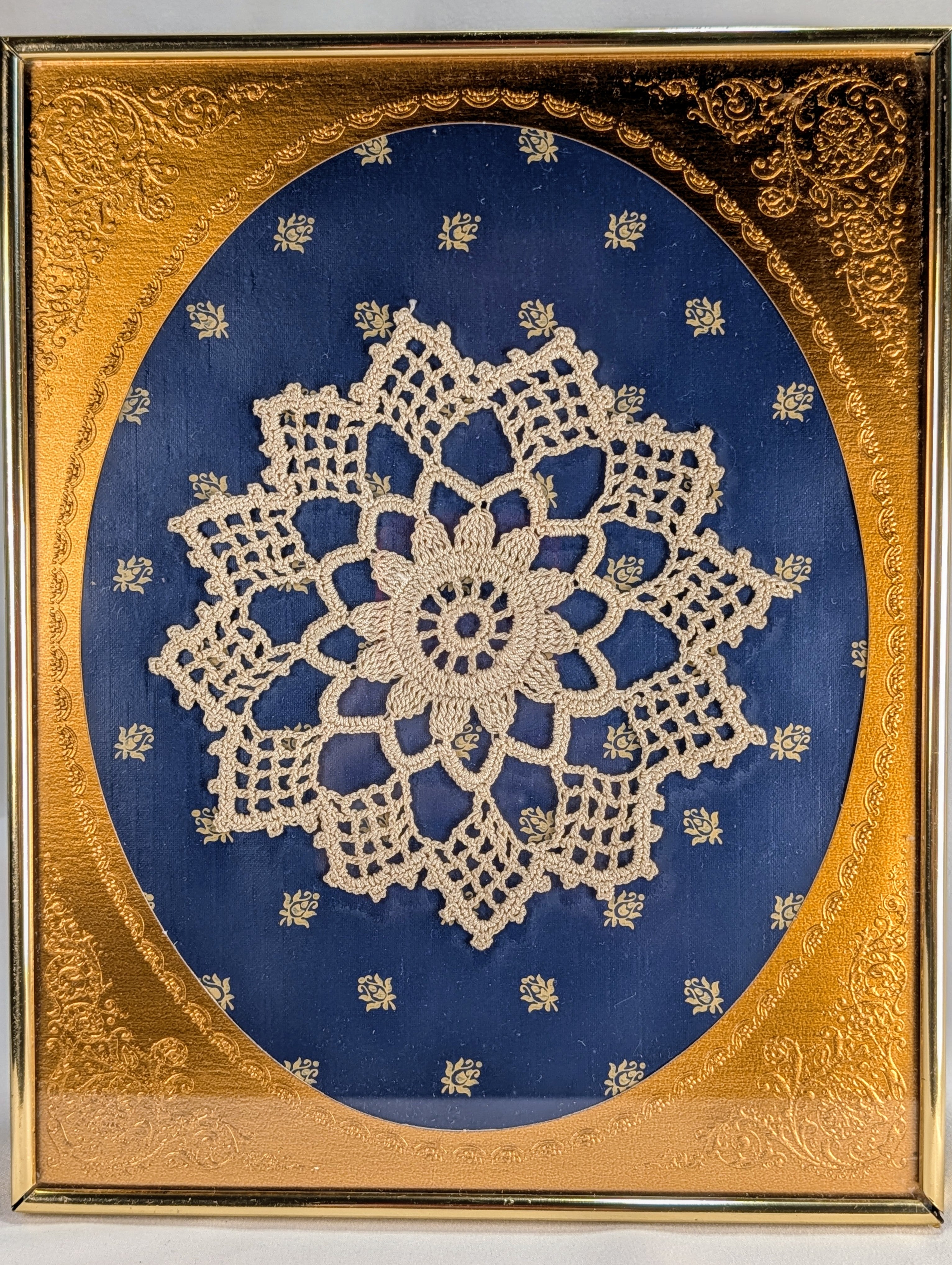 Vintage Framed Crochet Doily Wall Art Blue Gold Decorative Hanging Picture