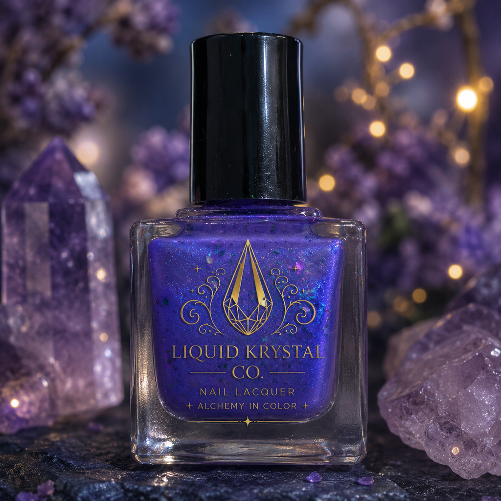 Quantum Bloom — Violet Blue Nail Lacquer with Aurora Flakes & Celestial Shimmer | Liquid Krystal Co Prototype
