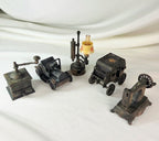 Vintage Mechanical Pencil Sharpener Set of 5 – Die Cast Metal Miniatures | Car Stagecoach Sewing Machine Lamp Coffee Grinder