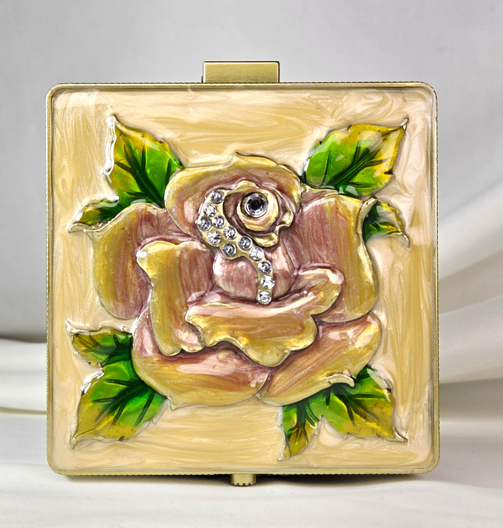 Ornate Floral Enamel Mirrored Jewelry Box Raised Rose Rhinestones Gold Tone Jay Strongwater Style 4"