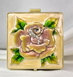 Ornate Floral Enamel Mirrored Jewelry Box Raised Rose Rhinestones Gold Tone Jay Strongwater Style 4"