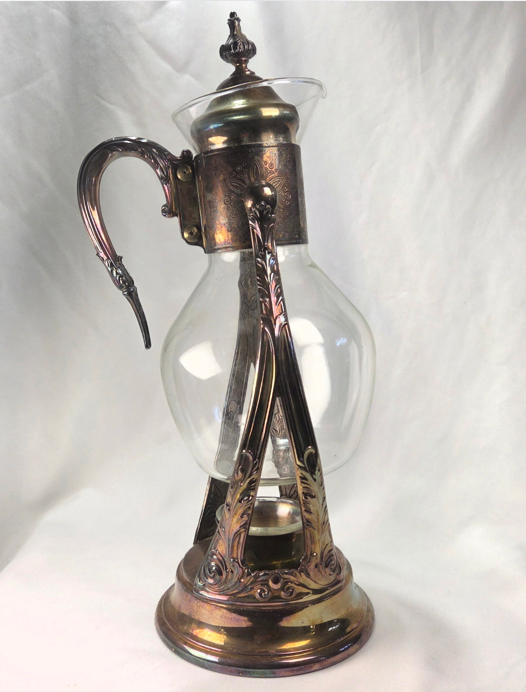 Vintage Silverplate & Glass Carafe with Warmer Base, Ornate Unmarked Coffee Tea Server, Art Deco Style Decorative Ewer