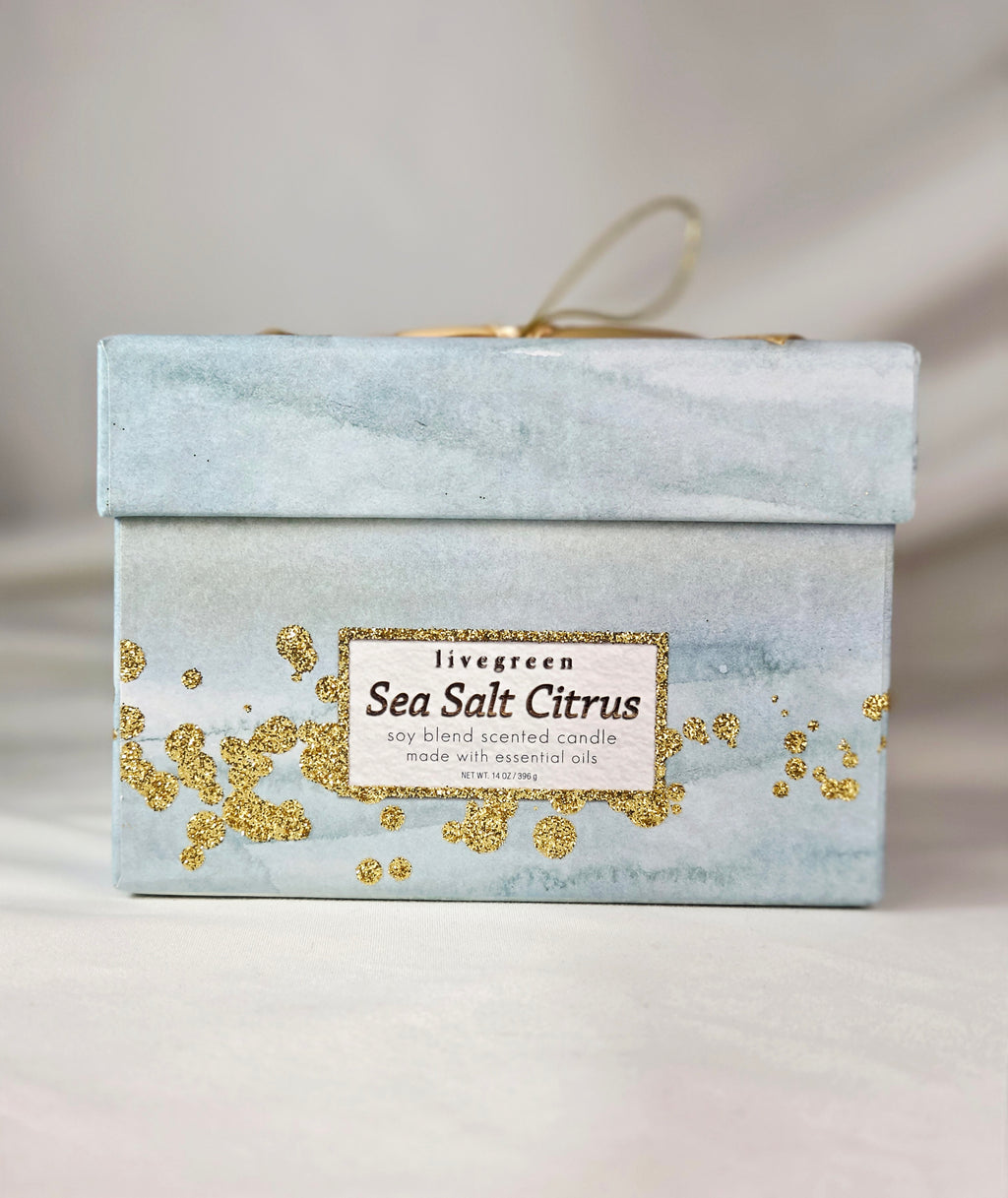 LiveGreen Sea Salt Citrus Soy Blend Candle 14 oz Three Wick Boxed Essential Oils