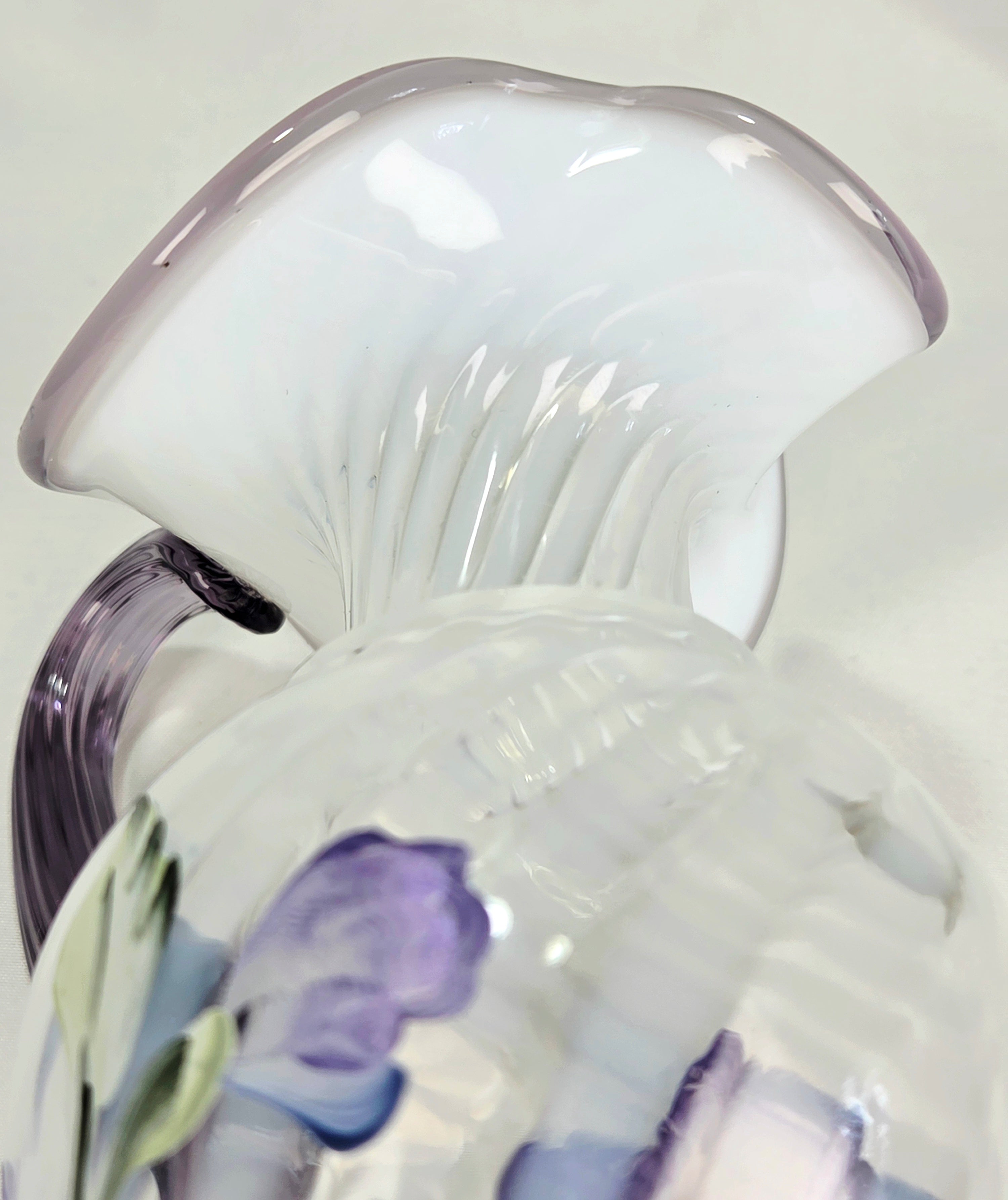 Fenton Hand Blown Hand Painted Lavender Floral Art Glass Pitcher Vase USA Signed Vintage