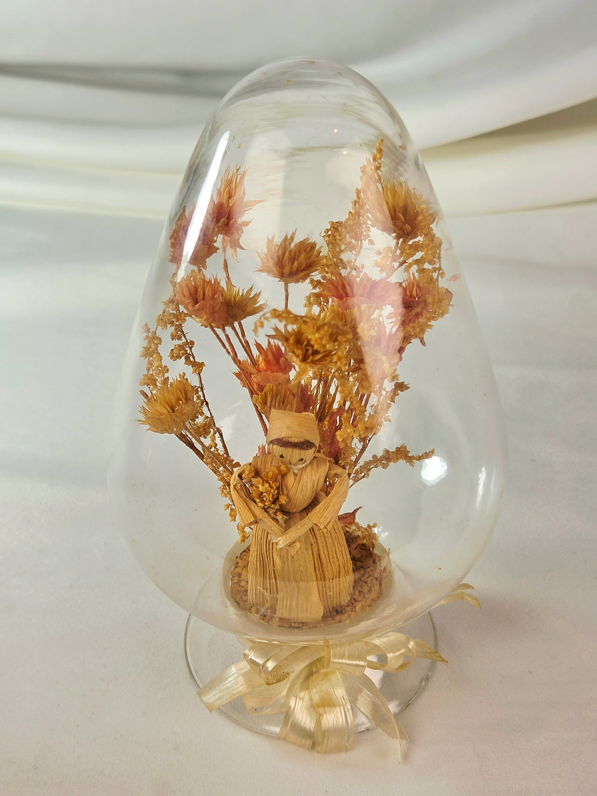 Vintage Taiwan Corn Husk Doll Glass Dome Dried Flower Diorama 6x4 Folk Art Decor