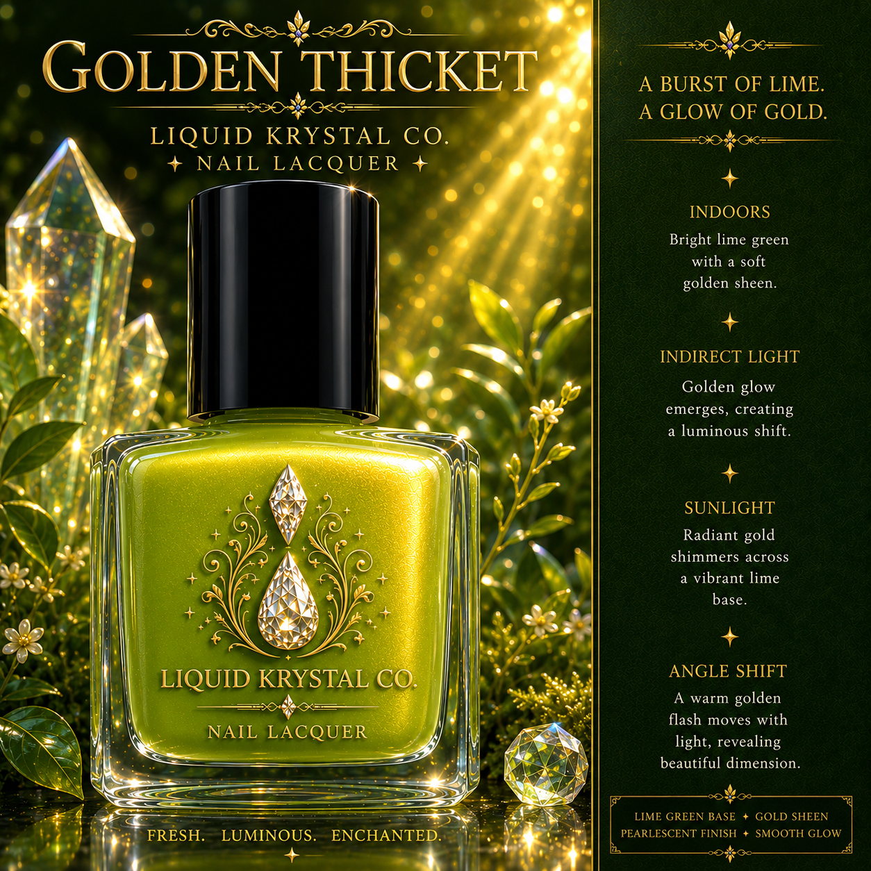 Golden Thicket | Lime Green Nail Lacquer with Gold Sheen | Liquid Krystal Co