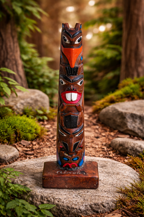 Alaskan Hand-Carved Wooden Totem Sculpture – Authentic Alaska Craft | 9" | Tribal Art