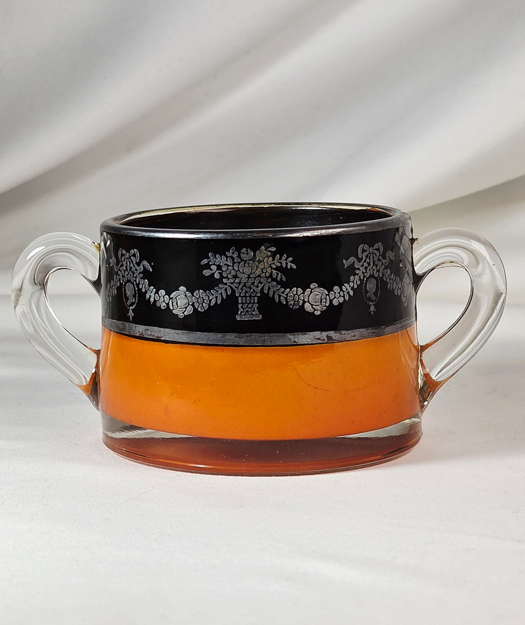 Vintage Orange Black Glass Creamer & Sugar Bowl Set Silver-Tone Floral Overlay