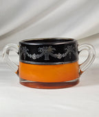 Vintage Orange Black Glass Creamer & Sugar Bowl Set Silver-Tone Floral Overlay