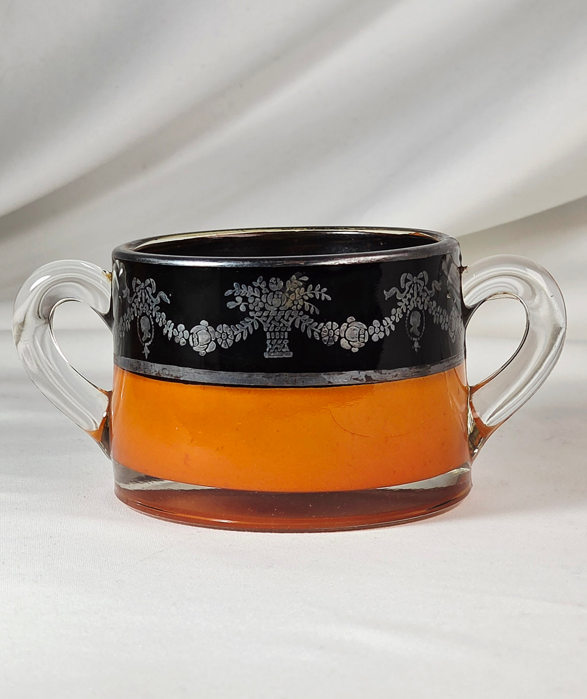 Vintage Orange Black Glass Creamer & Sugar Bowl Set Silver-Tone Floral Overlay