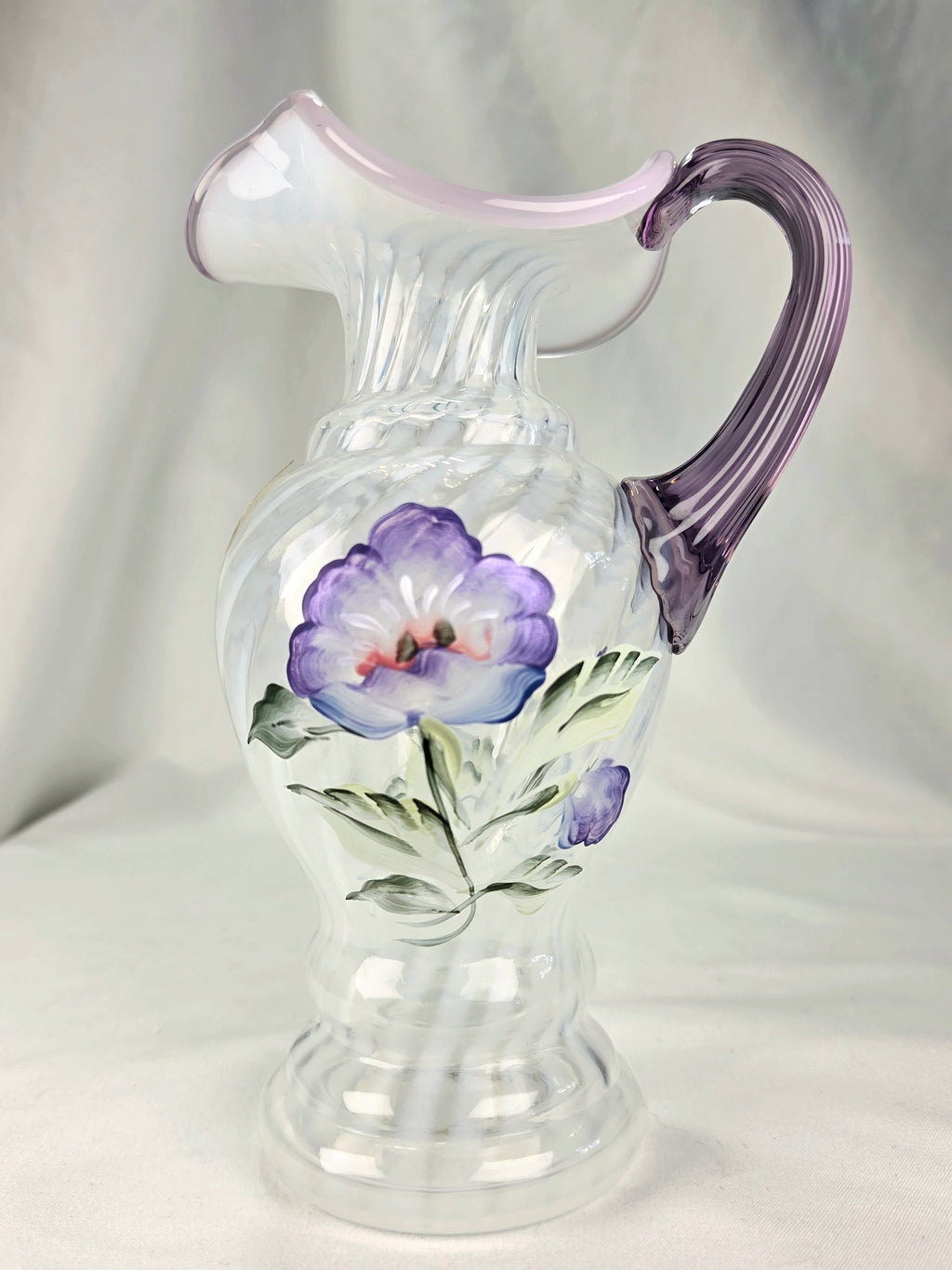 Fenton Hand Blown Hand Painted Lavender Floral Art Glass Pitcher Vase USA Signed Vintage