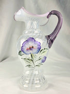 Fenton Hand Blown Hand Painted Lavender Floral Art Glass Pitcher Vase USA Signed Vintage