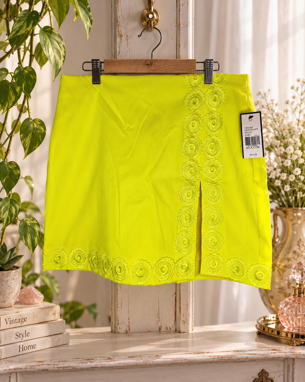 Crown & Ivy Lemon Hipe Skort Size 12 Neon Yellow Floral Crochet Trim NWT