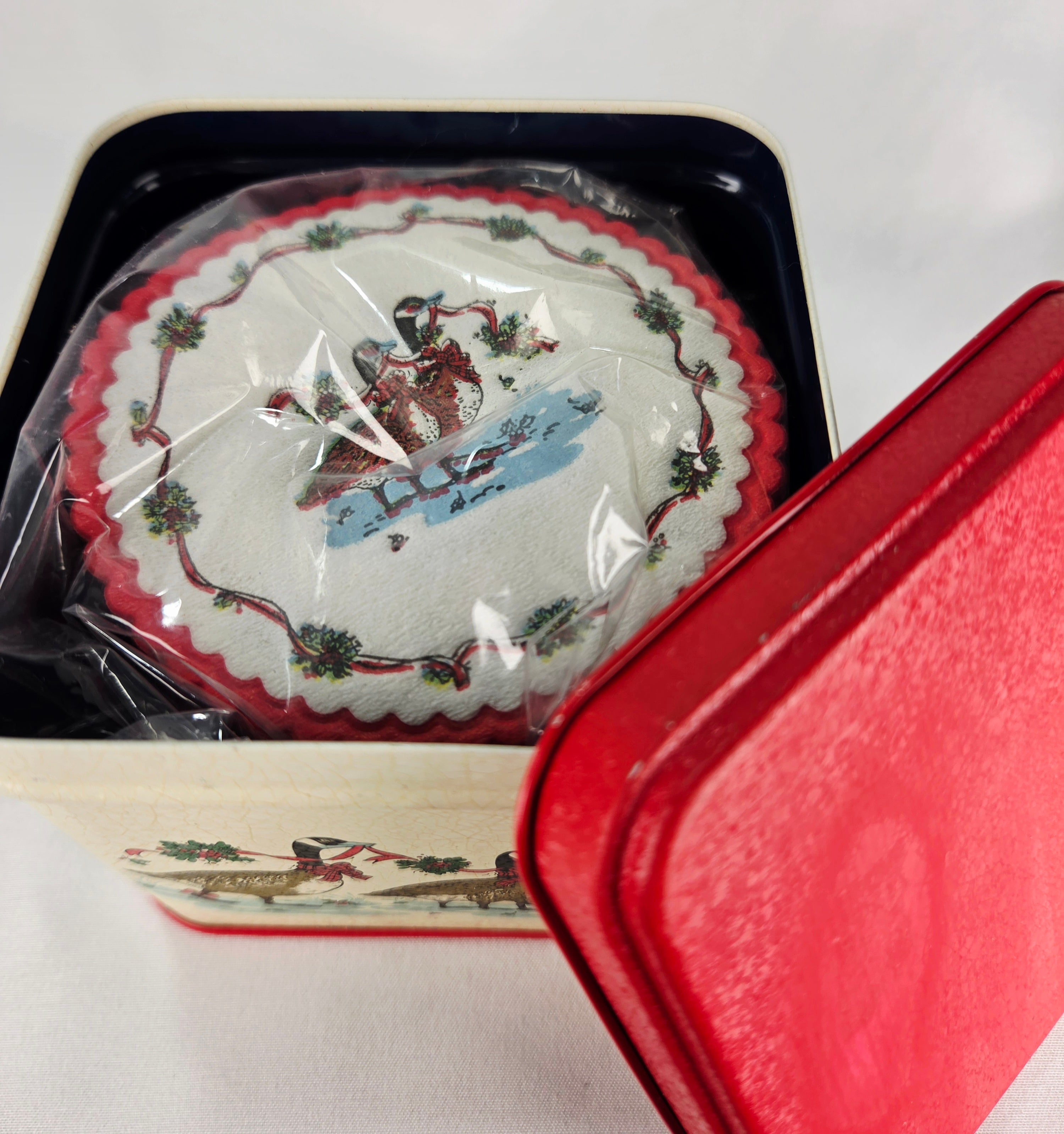 Vintage Potpourri Press Christmas Geese Tin w Matching Coaster Set Holiday Decor