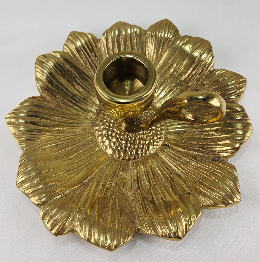 Vintage Heavy Cast Brass-Plated Floral Chamberstick Candle Holders Set of 2 | 6" Gold Tone Flower Candlesticks