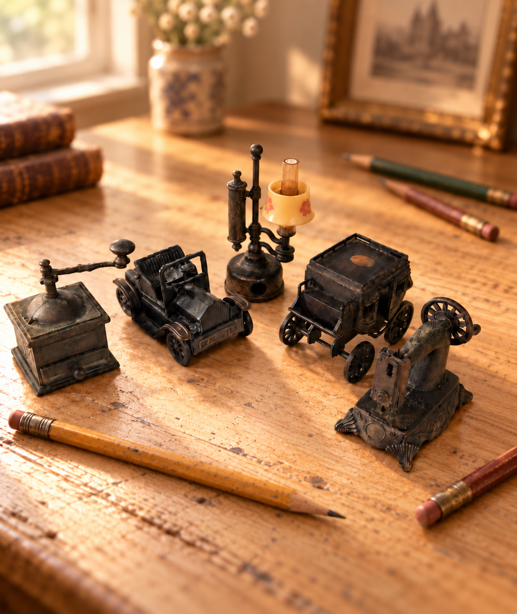 Vintage Mechanical Pencil Sharpener Set of 5 – Die Cast Metal Miniatures | Car Stagecoach Sewing Machine Lamp Coffee Grinder