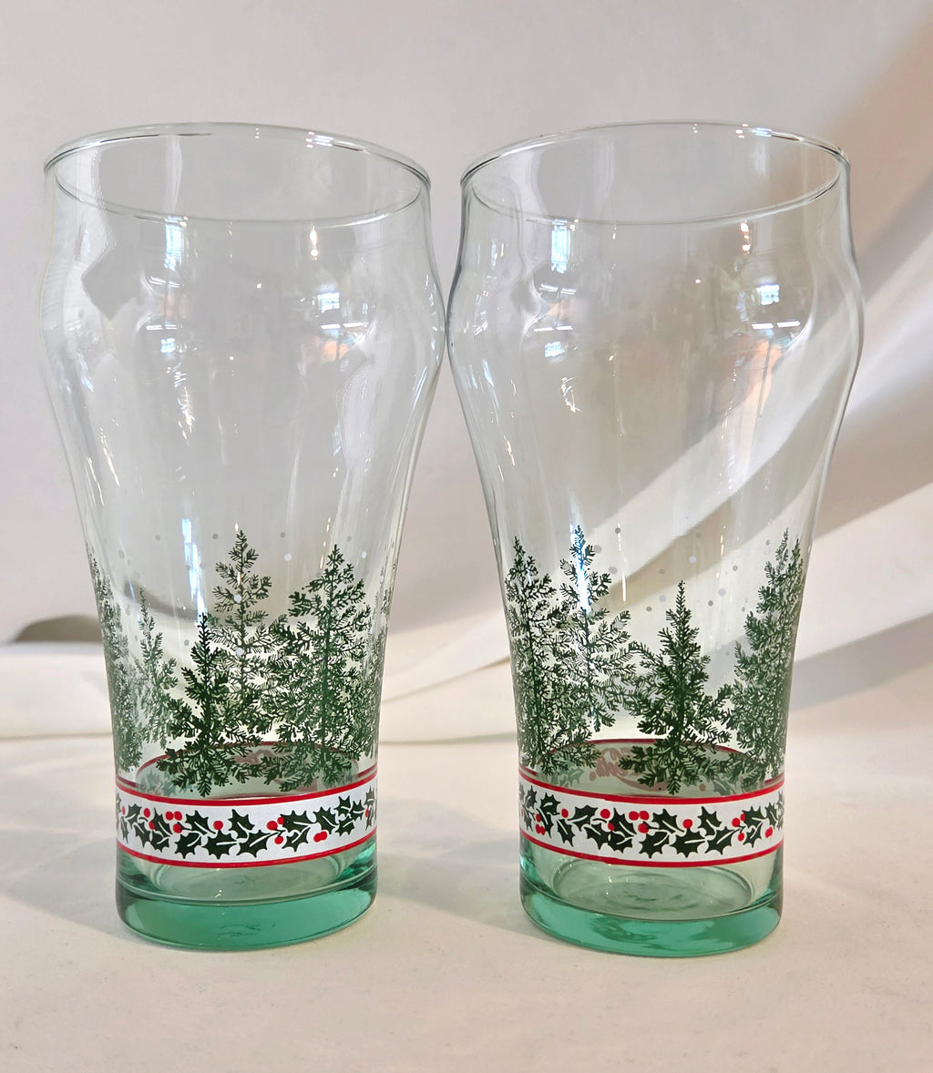 Vintage Coca-Cola Christmas Holiday Glasses Set of 2 Evergreen Tree Holly Green Base Tumblers